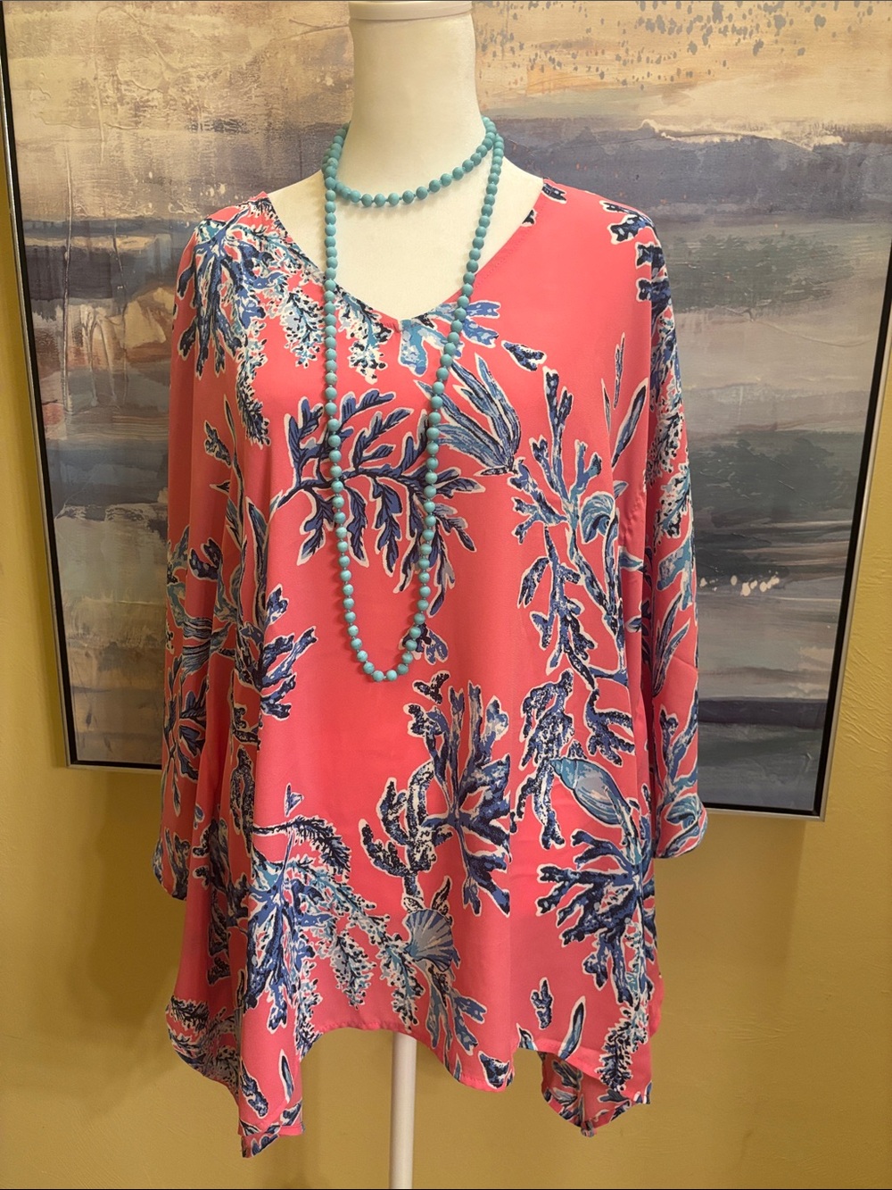 Belle by Kim Gravel Coral Tunic with Blue Floral Print